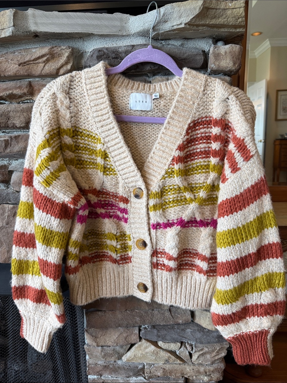Lush Cream Button-Up Cardigan with Olive, Rust & Fuchsia Stripes